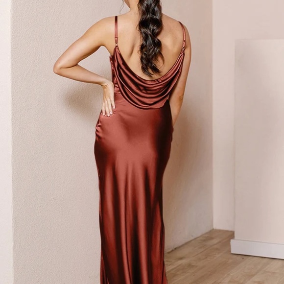 Revelry | Backless Nadia Satin Dress, Cinnamon Rose, Size 10, Petite Maxi - Picture 2 of 6